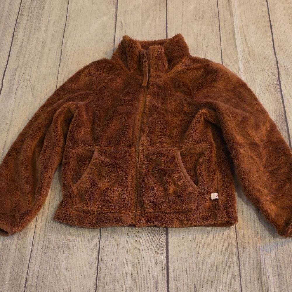 Brown Fleece Zip-Up Jacket with Stand-Up Collar